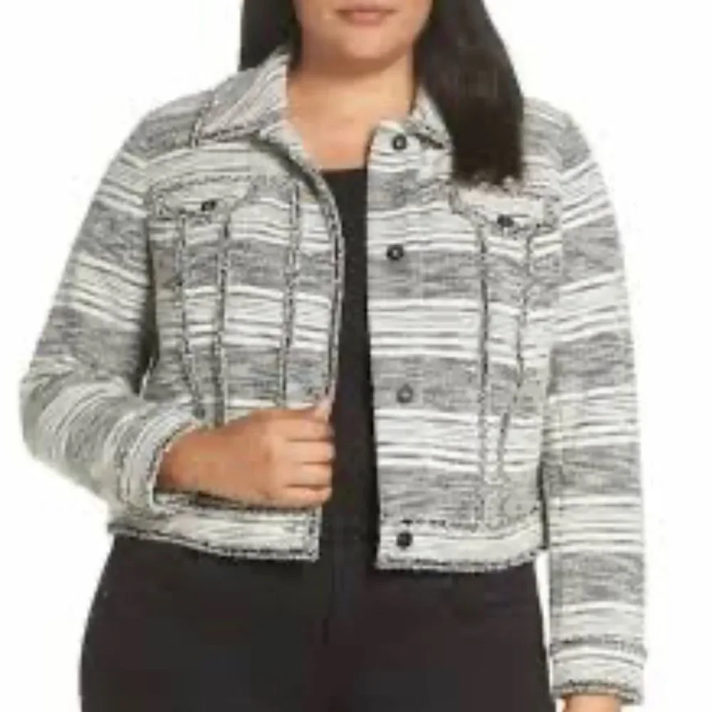 1. State Black Cream Fringe Tweed Button Front Long Sleeve Blazer Jacket